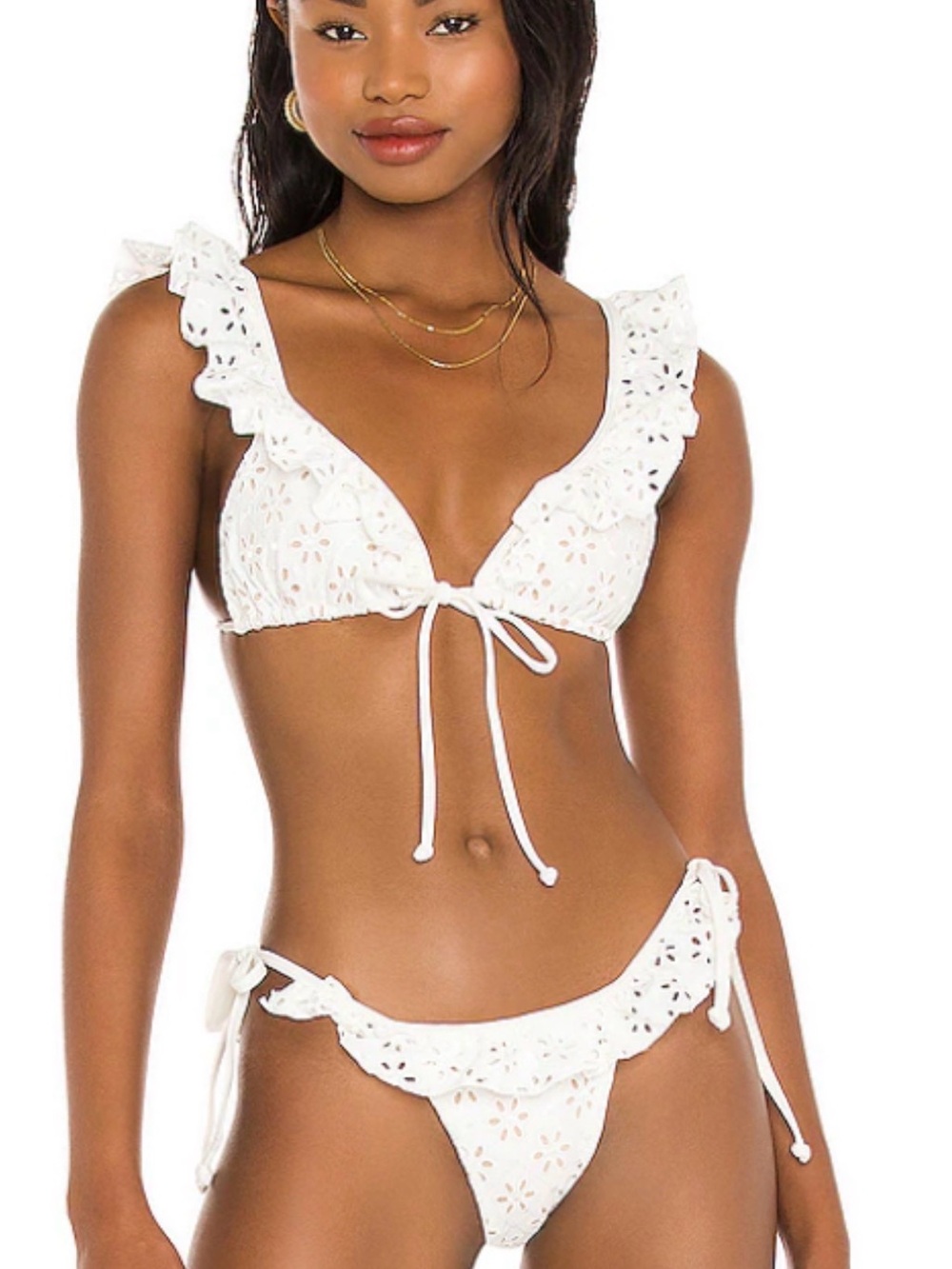 Tularosa White Eyelet Ruffle Tie Bikini Set